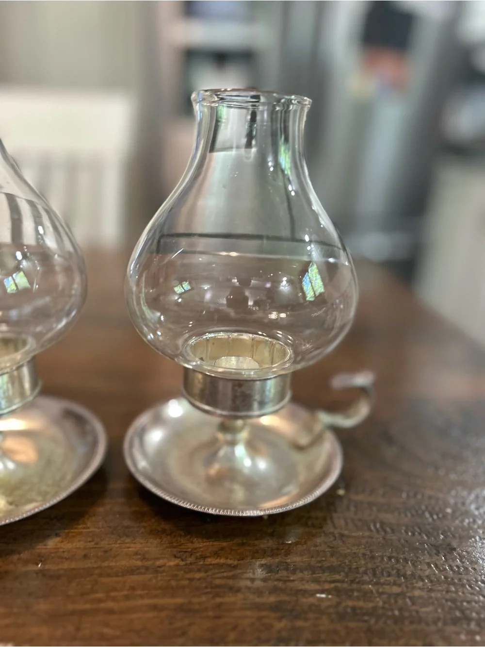 Vtg Chamberstick Candle Holder With Glass Chimney and Finger Handle Metal (2)